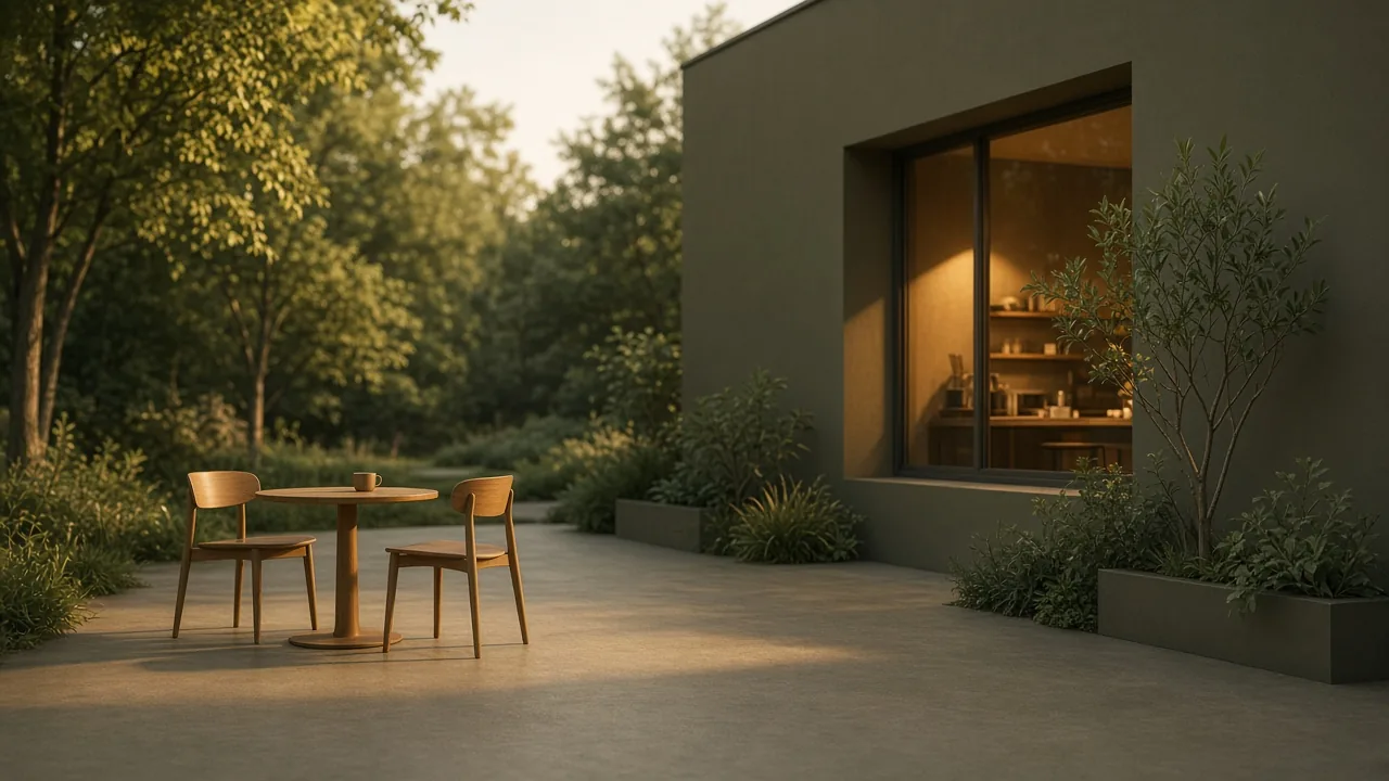 A quiet garden café table with a cup of coffee by a warmly lit window